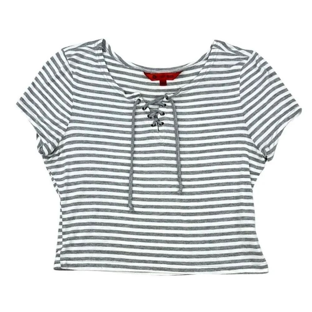 Hot Kiss Striped Lace Up Cropped Gray White Short Sleeve Tie Front Womens Large